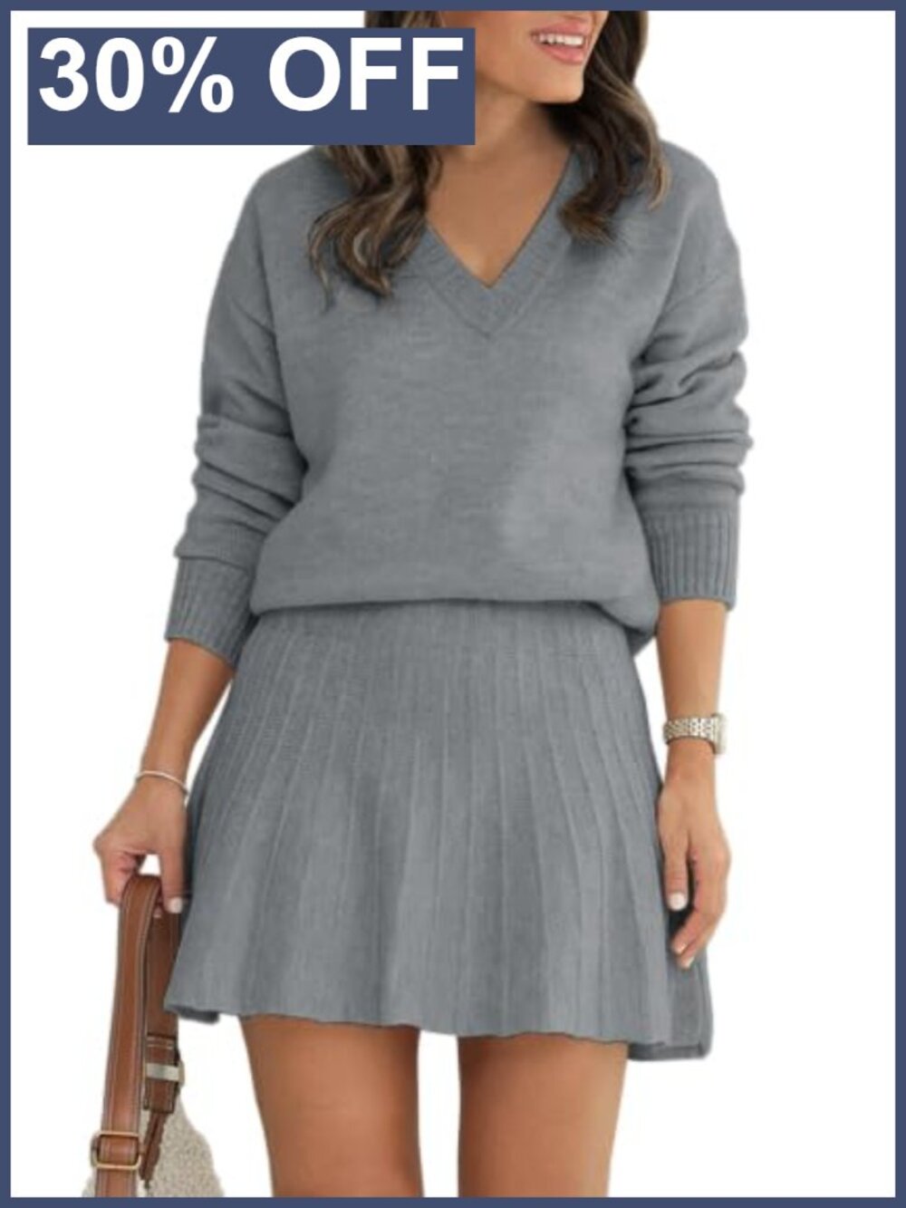V-Neck Long Sleeve Sweater & Pleated Mini Skirt Set